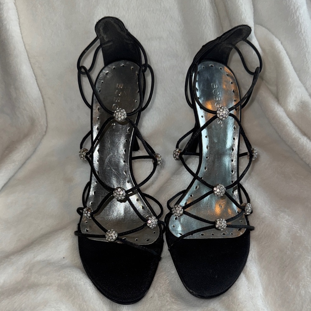BCBGirls Black Strappy Heels with Rhinestone Accents Women's Size 8" never worn
